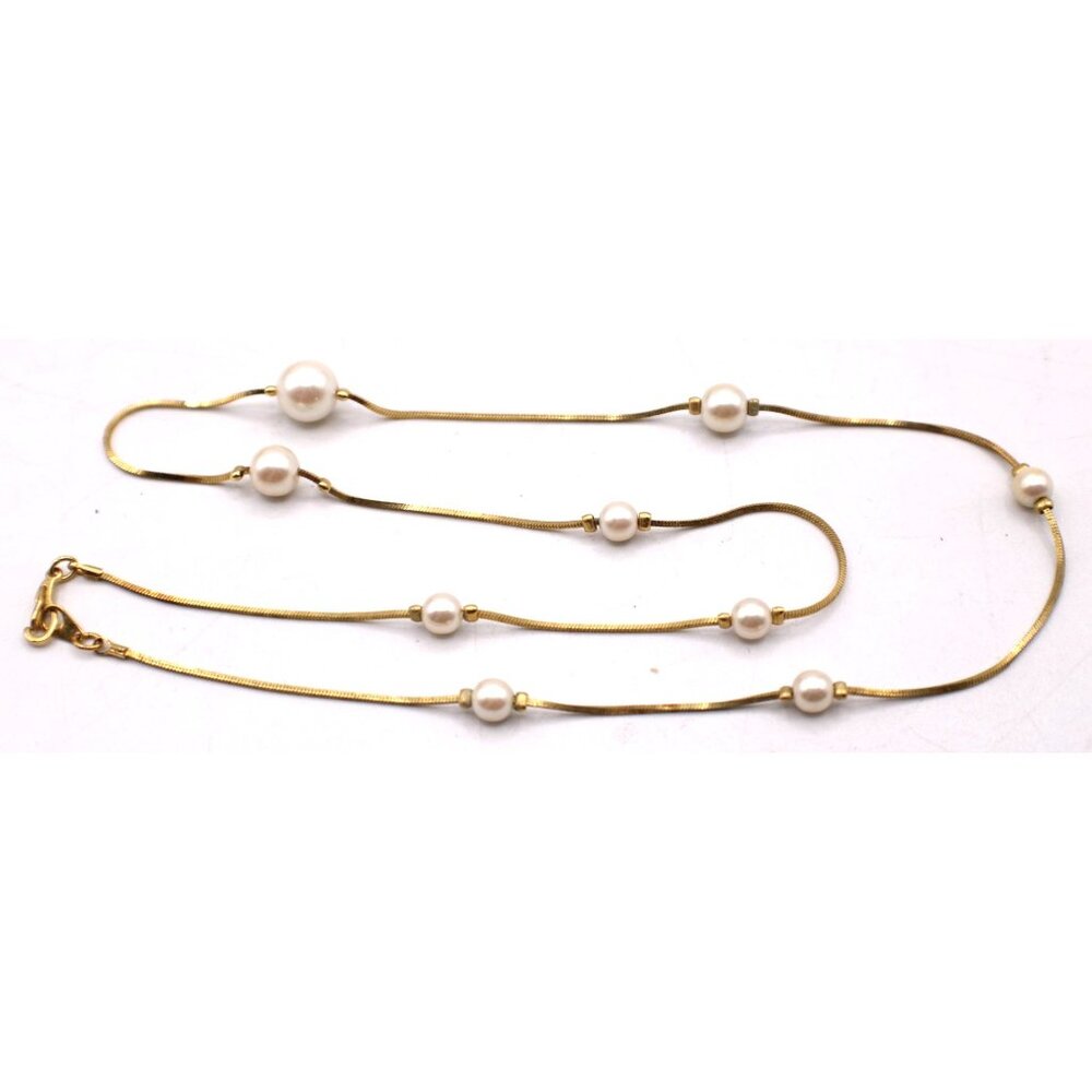 Dainty Gold-Tone Faux Pearl Station Necklace Vintage Delicate 24" Snake Chain - Picture 7 of 10